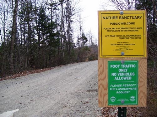 Roxanne Quimby’s Nature Sanctuary signage in Maine near Baxter State Park